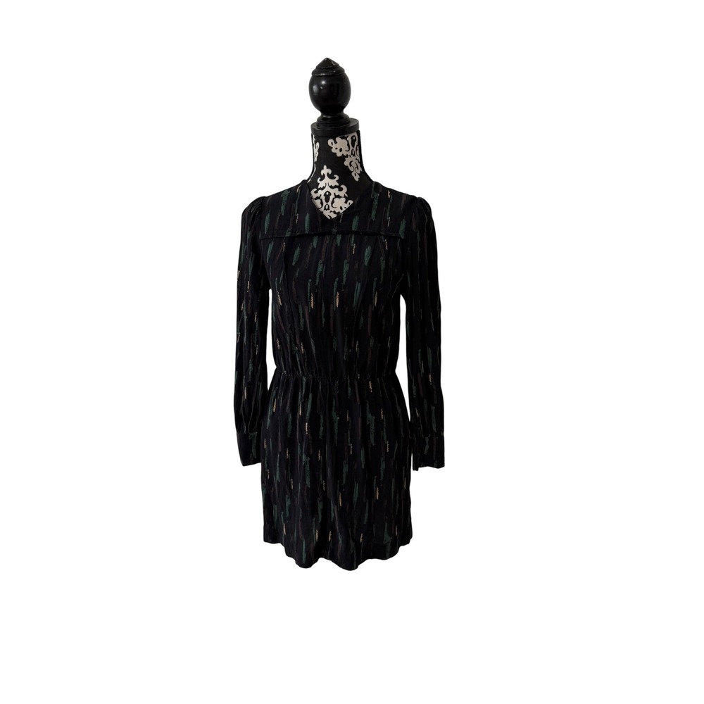 Zara Black Green Abstract Brushstroke Long Sleeve Mini Dress Elastic Waist US M